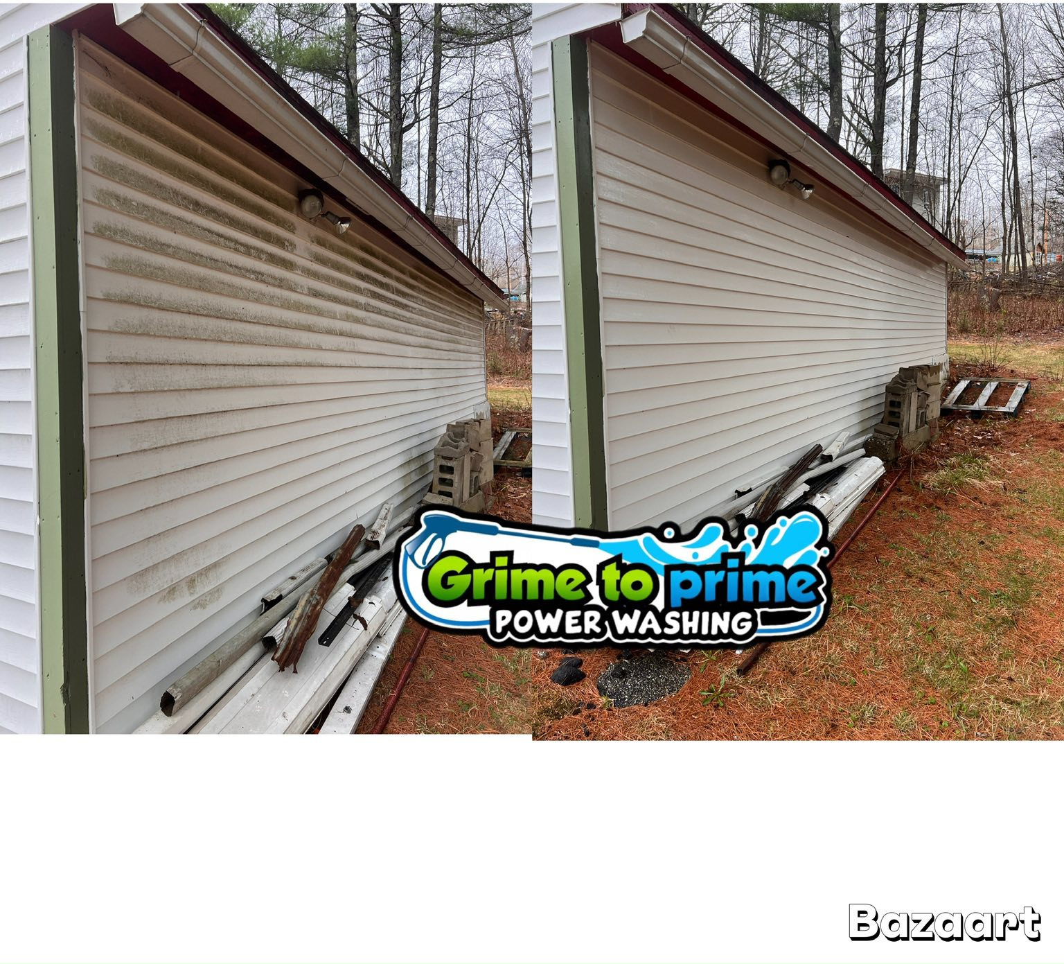 Long white outbuilding — siding restored (before / after)