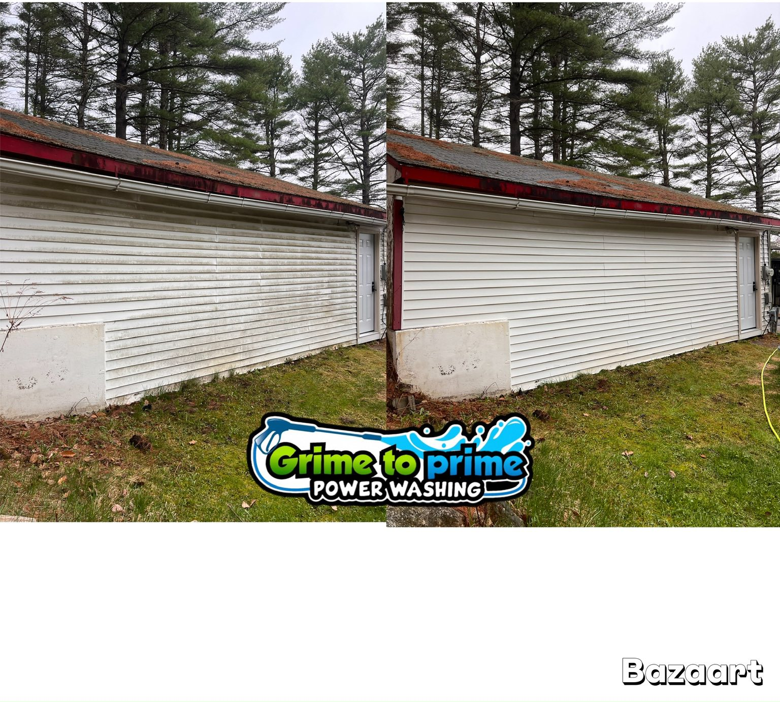White shed with red trim — exterior cleaning (before / after)