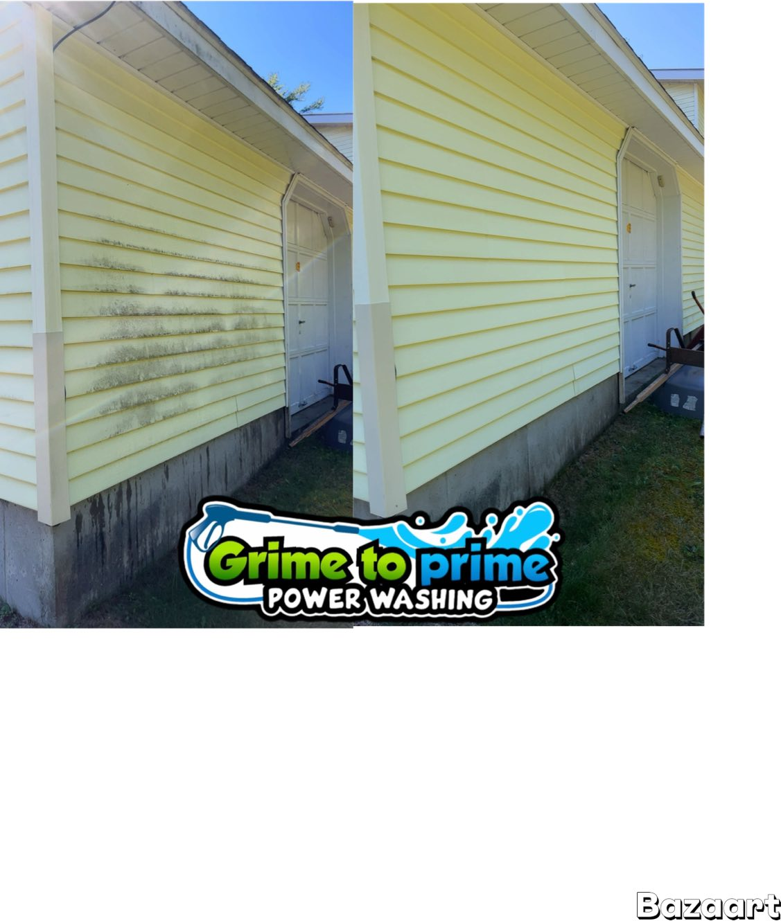 Yellow garage — streaked siding cleaned (before / after)